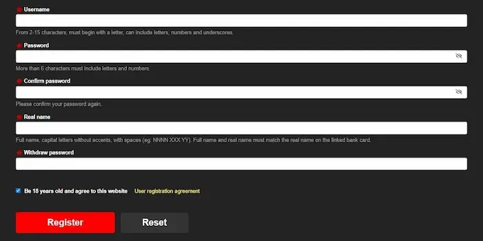 Mobile screen showing W500 app login and registration steps for new players